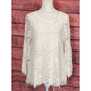 Charter Club Women Medium Ivory Sheer Lace Bell Sleeve Blouse fairy bridal whims